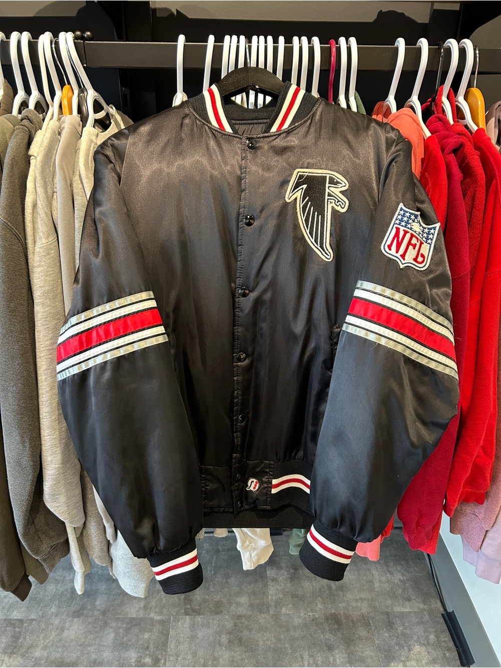 Atlanta Falcons Black Satin Shain 80's Varsity Bomber Jacket Fit M